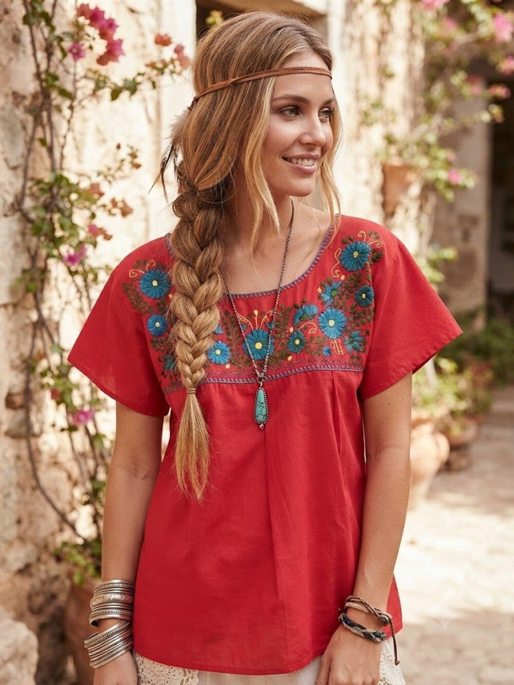 Embroidered Red Women's Peasant Top with Blue Floral Accents